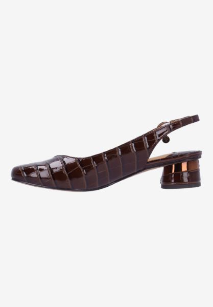 Left side view of Taveta BROWN CROCO EMBOSSED PATENT