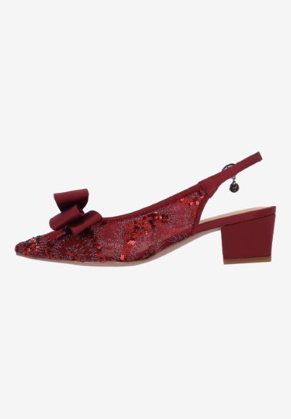 Left side view of Triata BURGUNDY SEQUIN MESH/SATIN
