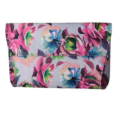 Front view of 10334 Fabric Clutch Gray Blue Pink Multi Floral