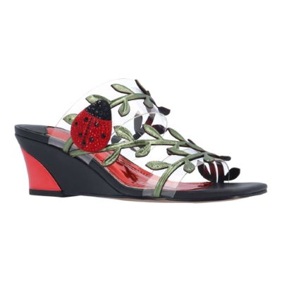 J. Rene Women's Coccinella Slip-On Sandal in Clear and Black and Red, Vinyl/Patent, Size 12 W, 2 Inch Heel