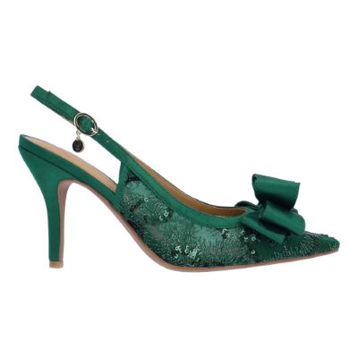 Right side view of Deloris EMERALD GREEN SEQUIN MESH/SATI