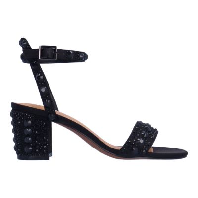Right side view of Evelina BLACK SATIN/RHINESTONES