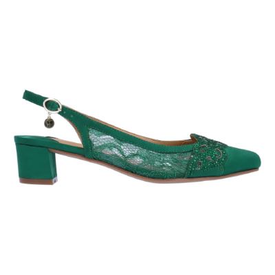 Right side view of Faleece EMERALD GREEN SATIN/LACE
