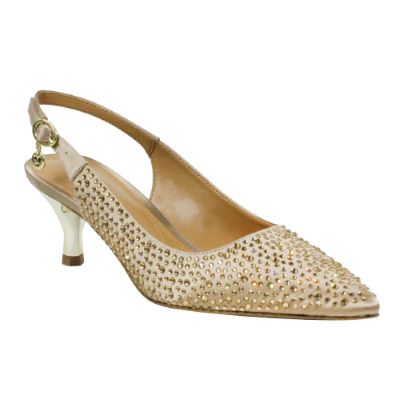J. Rene Women's Ferryanne Slingback Pump in Beige, Fabric/Rhinestones, Size 11 W, 2 Inch Heel