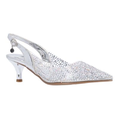 J. Rene Women's Ferryanne Slingback Pump in Clear and Silver, Vinyl/Rhinestones, Size 11 W, 2 Inch Heel
