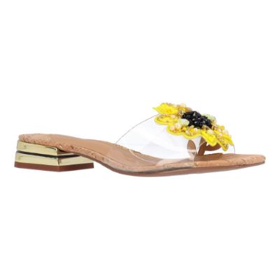 J. Rene Women's Girasol Slip-On Sandal in Clear and Green and Yellow and Red, Vinyl, Size 6 M, 1.25 Inch Heel