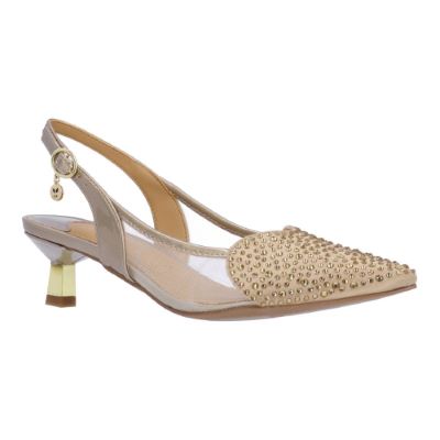 J. Rene Women's Gwyn Slingback Pump in Beige, Patent/Satin/Mesh, Size 6.5 M, 2 Inch Heel
