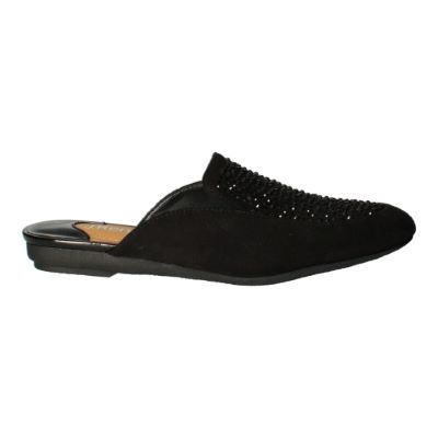 Right side view of Haziza BLACK SUEDE/RHINESTONES