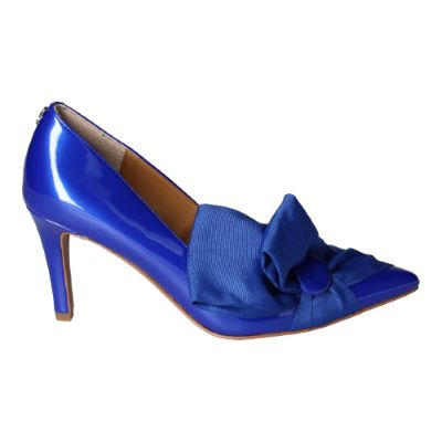 Right side view of Hirisha COBALT PATENT/GROSGRAIN