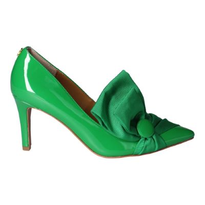 Right side view of Hirisha GREEN PATENT/GROSGRAIN