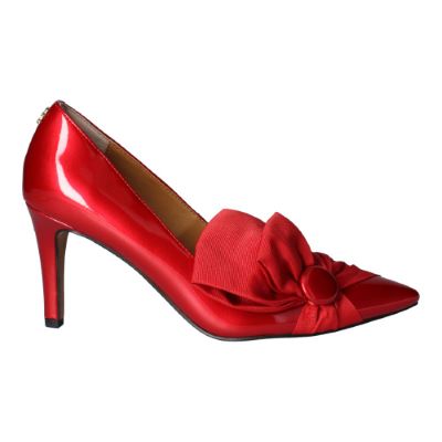 Right side view of Hirisha RED PATENT/GROSGRAIN