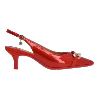 Right side view of Kallan RED PATENT/SUEDE