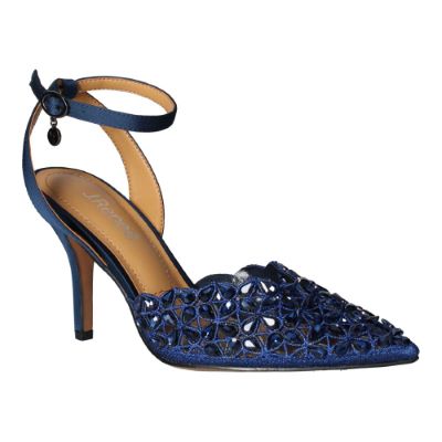 j. reneé kamilo navy blue rhinestone floral lace and satin high pointy toe ankle strap pump - 7 m
