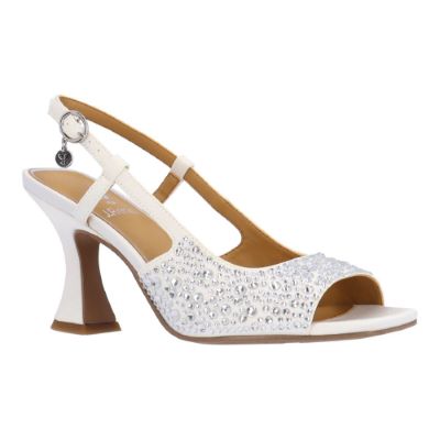 J. Rene Women's Loredana Slingback Sandal in White, Fabric/Rhinestones, Size 12 M, 3 Inch Heel