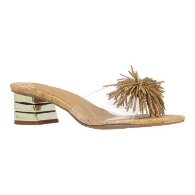 J. Rene Women's Ozara Slip-On Sandal in Clear and Natural and Gold, Vinyl, Size 9 W, 1.75 Inch Heel