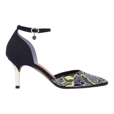 Right side view of Payten BLACK SHANTUNG/GOLD