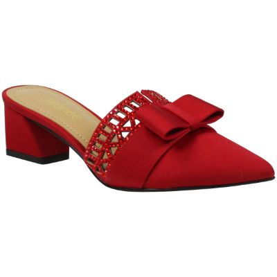 J. Rene Women's Randa Slide Mule in Red, Satin/Rhinestones, Size 6 M, 2 Inch Heel
