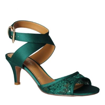 J. Rene Women's Soncino Ankle Strap Sandal in Green, Sequin Mesh/Satin, Size 7 N, 2.25 Inch Heel