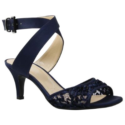 J. Rene Women's Soncino Ankle Strap Sandal in Navy Blue, Ribbon Lace/Satin, Size 13 M, 2.25 Inch Heel