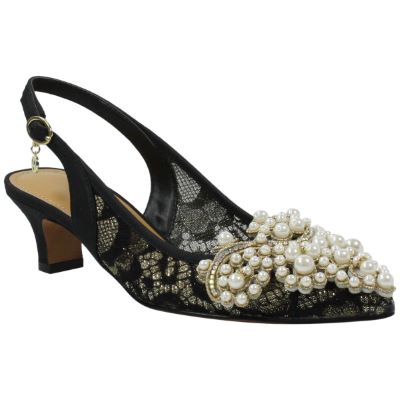 j. reneé strovanni black gold jewel adorned lace low heel sling back - 5.5 m