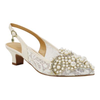 J. Rene Women's Strovanni Slingback Pump in Ivory and Gold, Mesh/Fabric, Size 7 N, 1.75 Inch Heel