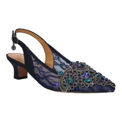 j. reneé strovanni navy floral lace jewel adorned lace low heel sling back - 5 m