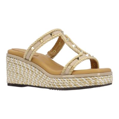 J. Rene Women's Tavelle Slip-On Sandal in Nude and White, Leatherette/Fabric, Size 7 M, 2.75 Inch Heel