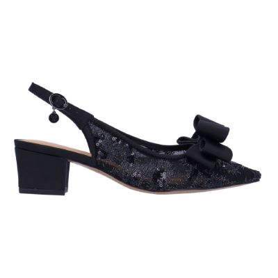 Right side view of Triata BLACK SEQUIN MESH/SATIN