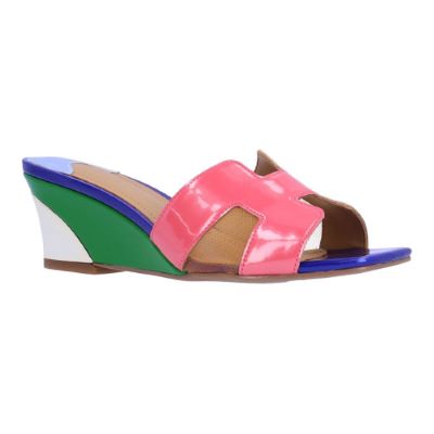 J. Rene Women's Zahra Slip-On Sandal in Pink and Orange and Blue, Patent/Mesh, Size 6.5 M, 2 Inch Heel